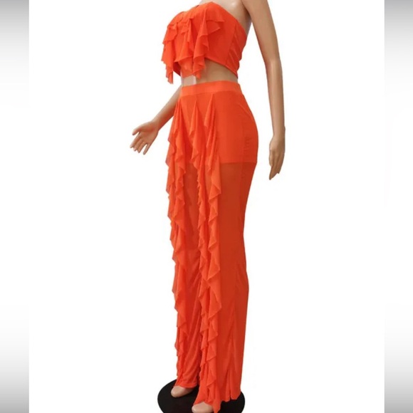 NWT 2 Piece Orange Mesh Ruffled Crop and Pants Set Size Large $49 - Picture 3 of 4